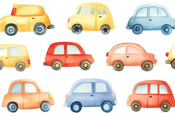 Fototapeta premium A colorful illustration of various cars in different shapes and sizes, showcasing a playful and whimsical design.