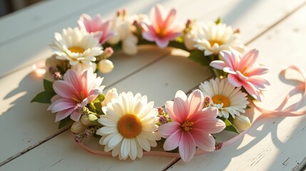 Obraz premium Circular Floral Wreath Decorative Spring Flowers with Ribbons