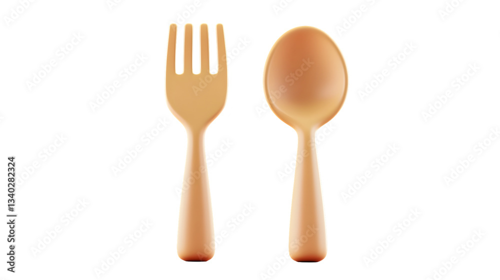 Fototapete A professional 3D rendered image of a metallic reflective spoon and fork symbol with smooth contours floating gracefully on a transparent background