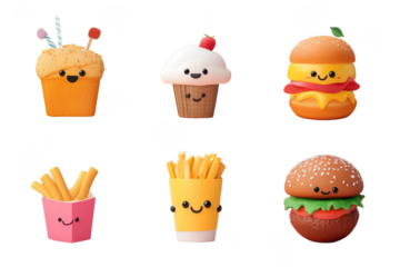 A grid of six cartoon stylized food items including cupcakes burgers and french fries on Isolated on white transparent background