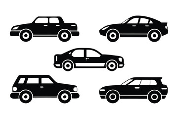 A collection of car icons in a vector style including various vehicles like trucks, vans, sedans, and SUVs, perfect for illustrations, logos, and symbols of transport and speed