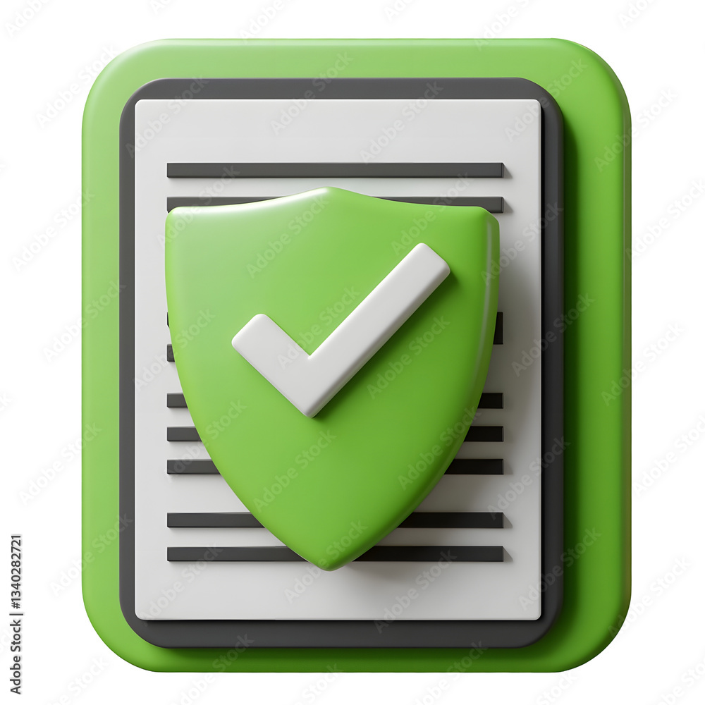 Fototapete A 3D rendered digital icon depicting a checklist document with a bright green shield and white checkmark indicating task completion and successful verification