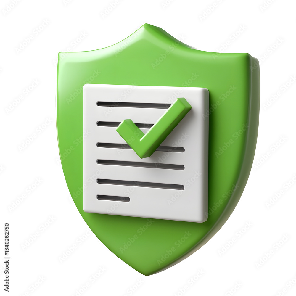 Poster A 3D rendered icon depicting a checklist document within a glossy green shield featuring a white checkmark symbol to represent verification and approval