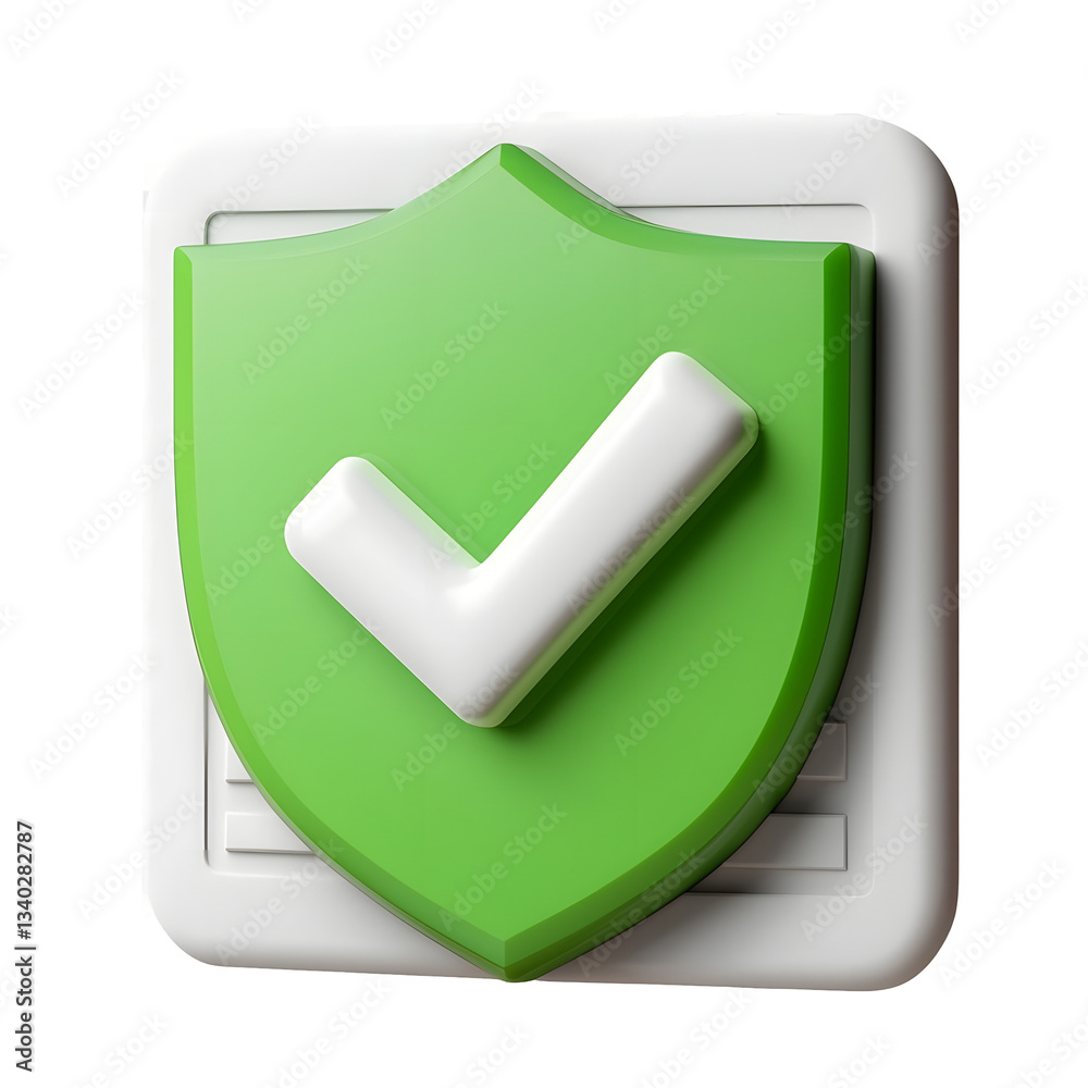 Poster A professional 3D icon depicting a floating green shield with a prominent white checkmark symbolizing compliance security and verification