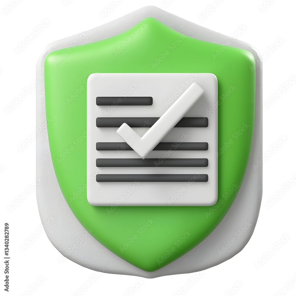 Leinwandbilder a 3d rendered icon depicting a checklist document with a glossy green protective shield and a promin