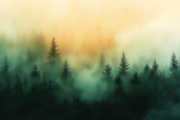 Naklejka premium Lush forest scene featuring trees in the foreground set against a natural abstract gradient background in green tones