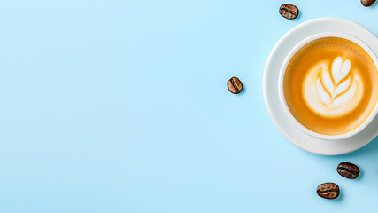 White cup of cappuccino on blue background with copy space. Flat lay, top view of cup of cappuccino coffee and coffee beans