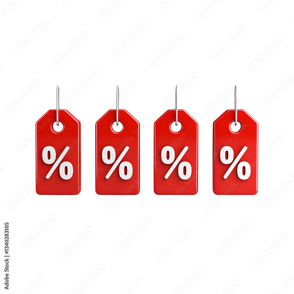 Fototapete Closeup of four glossy red price tags with bold white percent symbols arranged in a modern promotional design with smooth edges and lighting isolated on a white transparent background