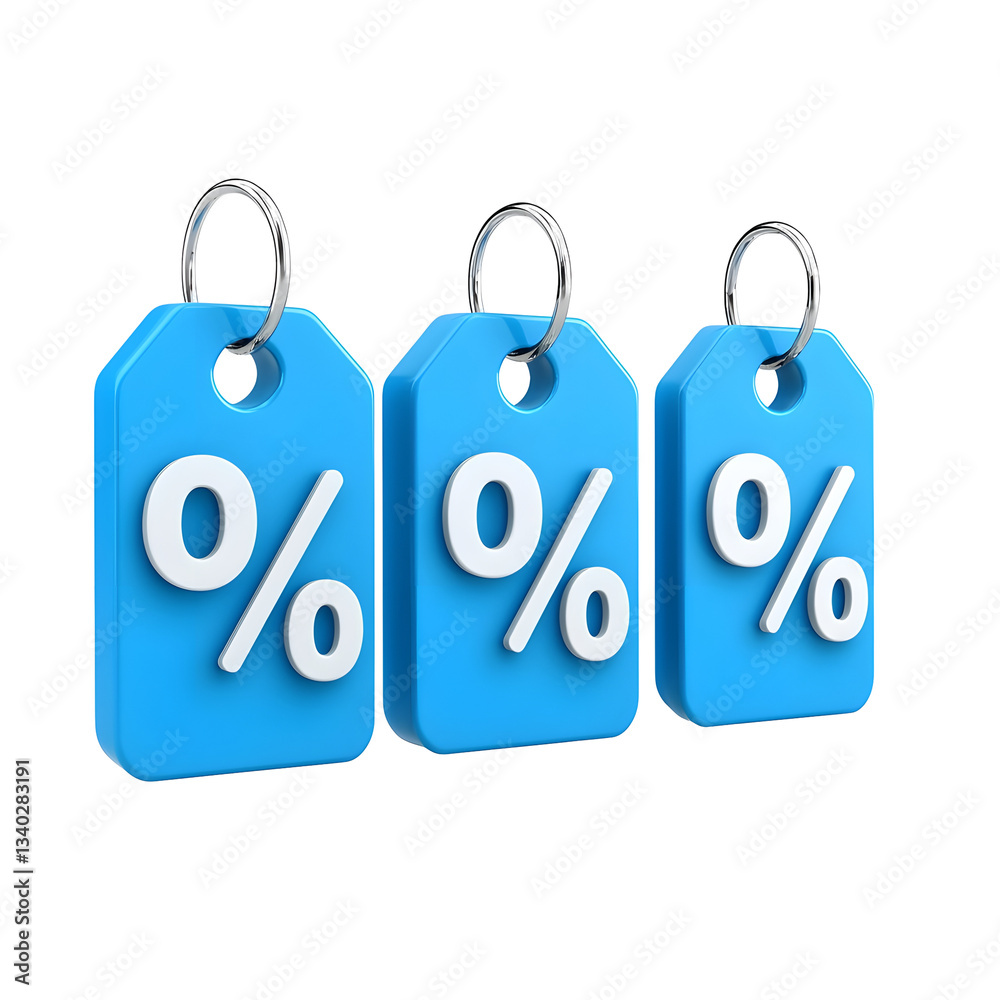Poster close up shot of three shiny blue price tag shaped discount icons with large white percent symbols o