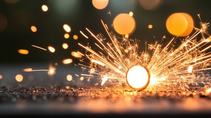 A burst of sparks illuminates the surrounding area as they emanate from a central bright point on a dark textured surface