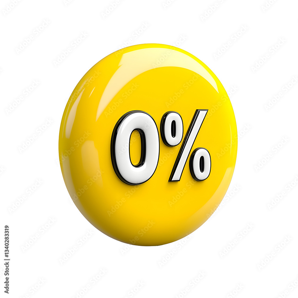 Poster close up view of a highly reflective glossy yellow rounded discount icon or symbol with a bold white