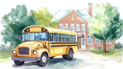 Obraz premium A vibrant watercolor illustration of a yellow school bus parked in front of a traditional house, surrounded by lush trees and greenery.