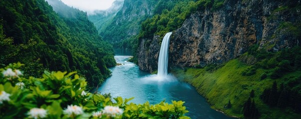 Waterfall landscapes idea. A breathtaking view of a waterfall cascading into a serene river surrounded by lush greenery.
