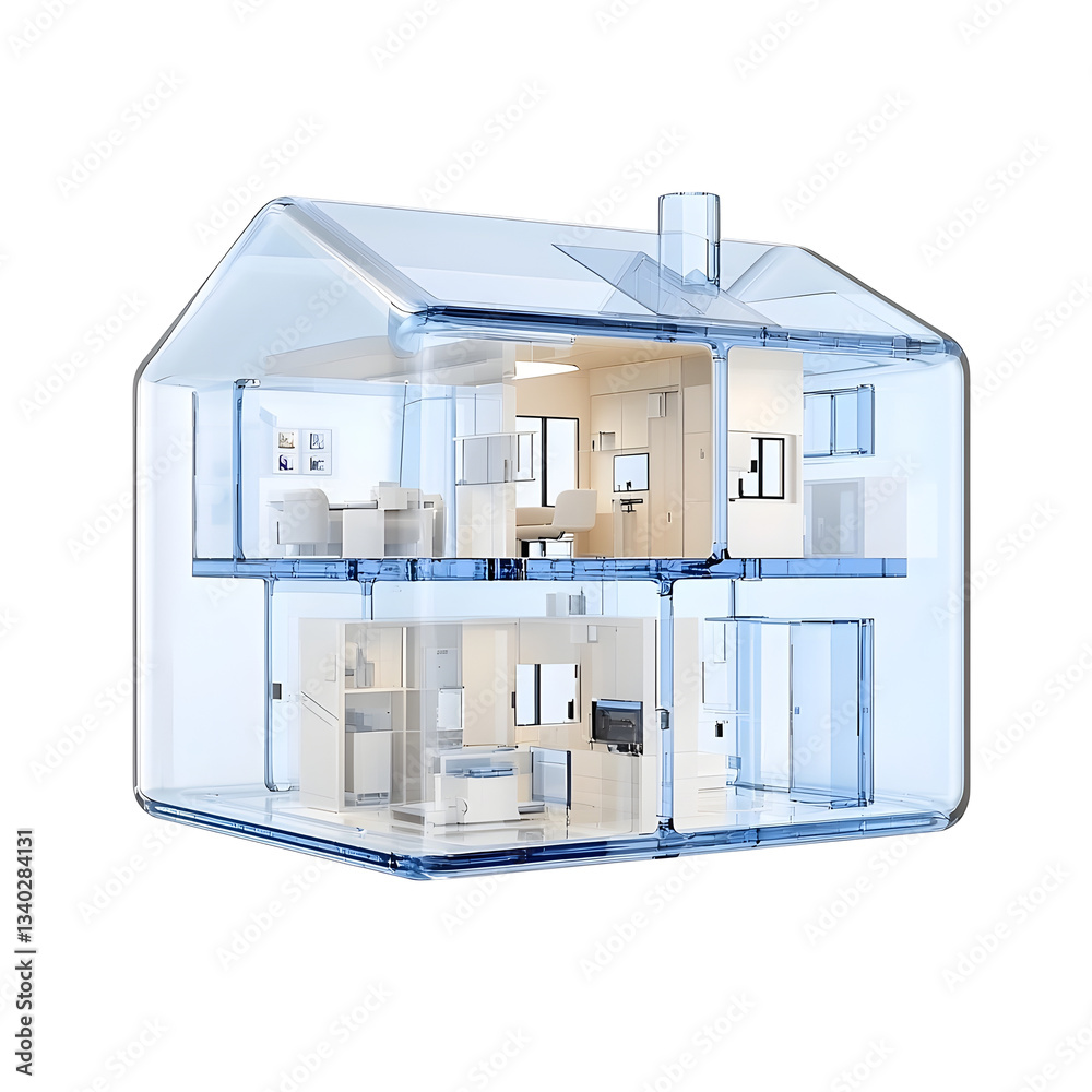 Aufkleber a 3d rendered image depicting a transparent blue crystal like house icon with a futuristic glass mor