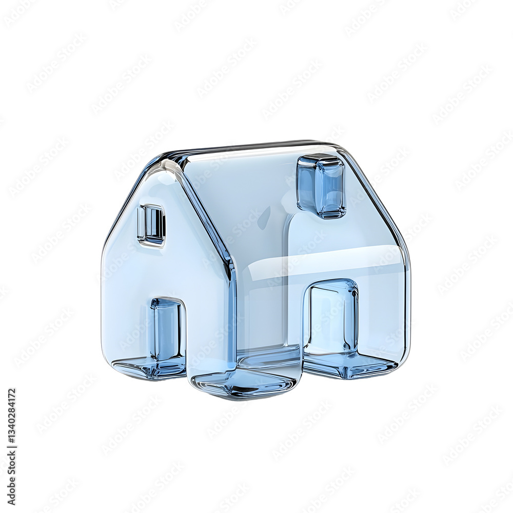 Poster A detailed 3D render of a modern minimalist blue crystal house building icon with a soft glass like transparency and gentle lighting reflections showcasing a futuristic and conceptual aesthetic