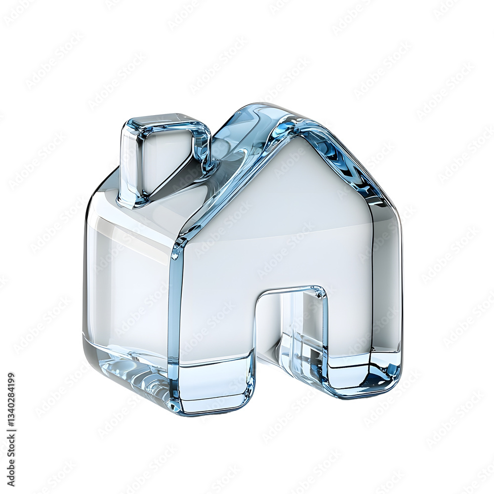 Poster Close up 3D render of a sleek transparent crystal like house icon with soft lighting reflections and a minimalist futuristic design