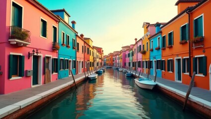 Obraz premium Charming canal scene with brightly colored houses and boats. A picturesque travel destination, generate AI