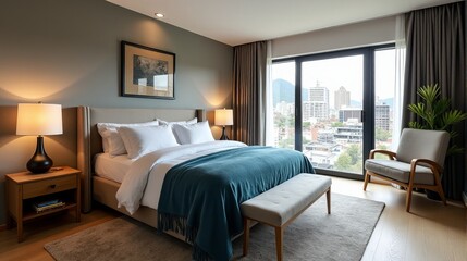 Obraz premium Sophisticated Bedroom with Urban View Soft Lighting and Plush Bed