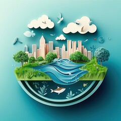 Paper art style illustration of Earth with trees, city skyline, fish, flowing river in vibrant green and blue waves, and a single white cloud, featuring geometric shapes and flat design.