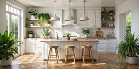 Fototapeta premium Minimalist White Kitchen Design - Calm Modern Cooking Space with Wooden Stools & Greenery