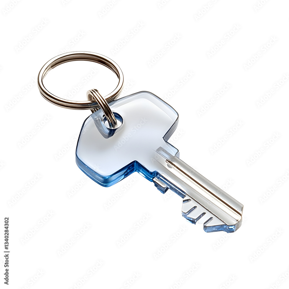 Poster Close up of a shiny sapphire blue crystal key with a small house shaped keychain highlighting the themes of security home ownership and modern design