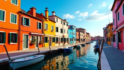 Fototapeta premium Charming canal scene with brightly colored houses and boats. A picturesque travel destination, generate AI
