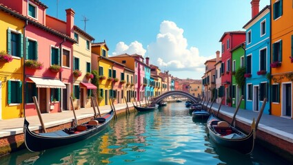 Obraz premium Charming canal scene with brightly colored houses and boats. A picturesque travel destination, generate AI