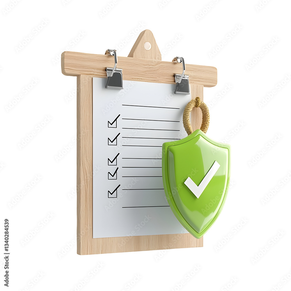 Poster wooden clipboard holding a checklist document guarded by a glossy green security shield with a white