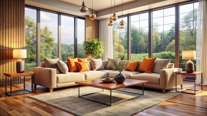 Fototapeta premium Modern Beige Living Room Design, Large Windows, Orange Pillows, High Depth of Field Photography