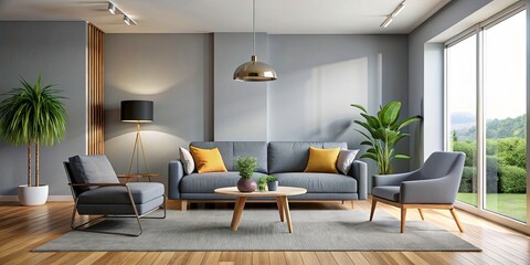Fototapeta premium Modern Grey Living Room Interior Design: Sofa, Armchair, 3D Render