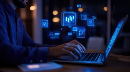 Person working on a laptop with digital interface elements
