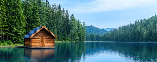 Fototapeta premium Serene Wooden Cabin on Calm Lake Surrounded by Lush Green Forest