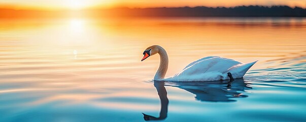 Fototapeta premium Lakeside sunset landscapes idea. A graceful swan gliding across a serene lake at sunset, creating a peaceful atmosphere.