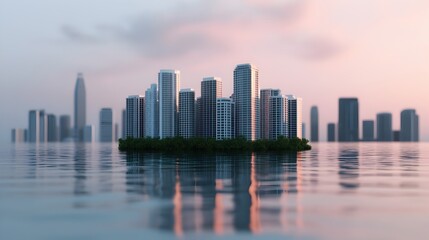 Fototapeta premium Serene City Skyline Reflection at Sunset Over Calm Water Surface