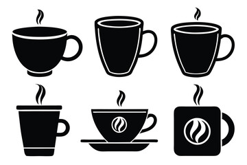 Coffee cup icon set with various cup designs and steaming hot drinks