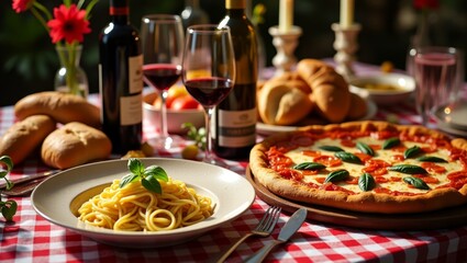 Warm Italian dinner setting with pizza, pasta, wine, and freshly baked bread, generate AI