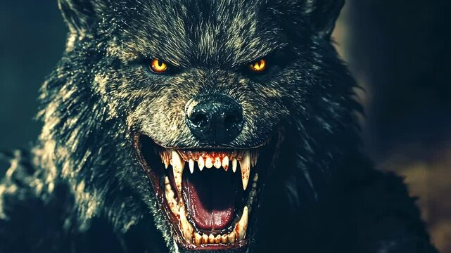 Intense close-up of a fierce wolf displaying sharp teeth and glowing eyes in a dark forest setting