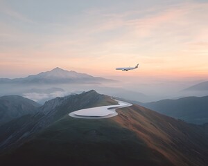Airplane Landing for Mountaintop Runway, Sunrise.
