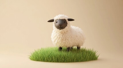 A charming fluffy cartoon sheep standing in a patch of green grass