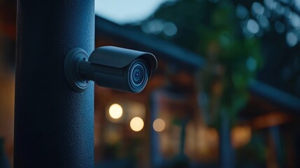 Outdoor security camera mounted on a post at twilight