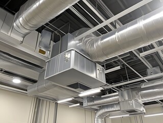 Detailed view of HVAC ducts and piping in a commercial building ceiling