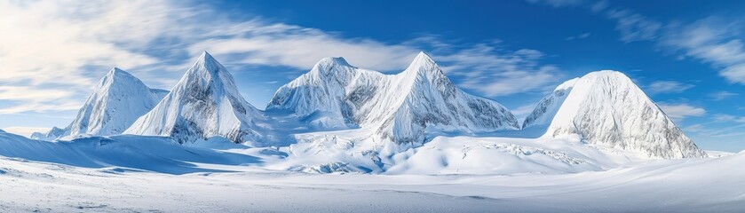 Obraz premium Snow-covered mountains rise majestically against a clear blue sky, creating a stunning panoramic view of a wintry landscape.
