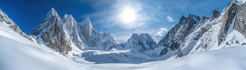 Fototapeta premium A breathtaking panoramic view of snow-capped mountains under a clear blue sky, showcasing the beauty of a serene winter landscape.