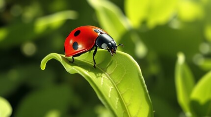 "Bright red ladybug in the sunlight – a striking contrast against green!"