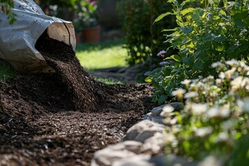 A bag of mulch is poured out onto a garden path