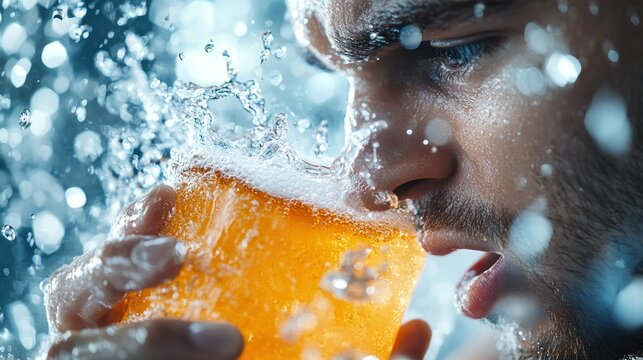 Close-up of man drinking beer, splashing water, blurry lights background
