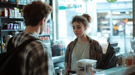 A person returning a stolen item at a shop counter, visibly embarrassed, with their face flushed and avoiding eye contact with the clerk