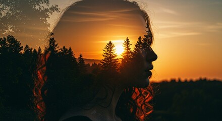 Double Exposure Art – Woman’s Silhouette Blended with a Serene Forest Landscape