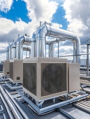 Rooftop chiller plant with industrial cooling towers and ventilation ducts