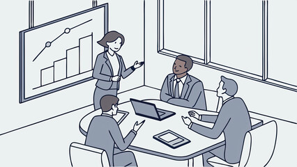 A corporate boardroom meeting with diverse professionals engaged in strategy discussions, digital charts on display, formal attire, modern office space, and a collaborative atmosphere driving business